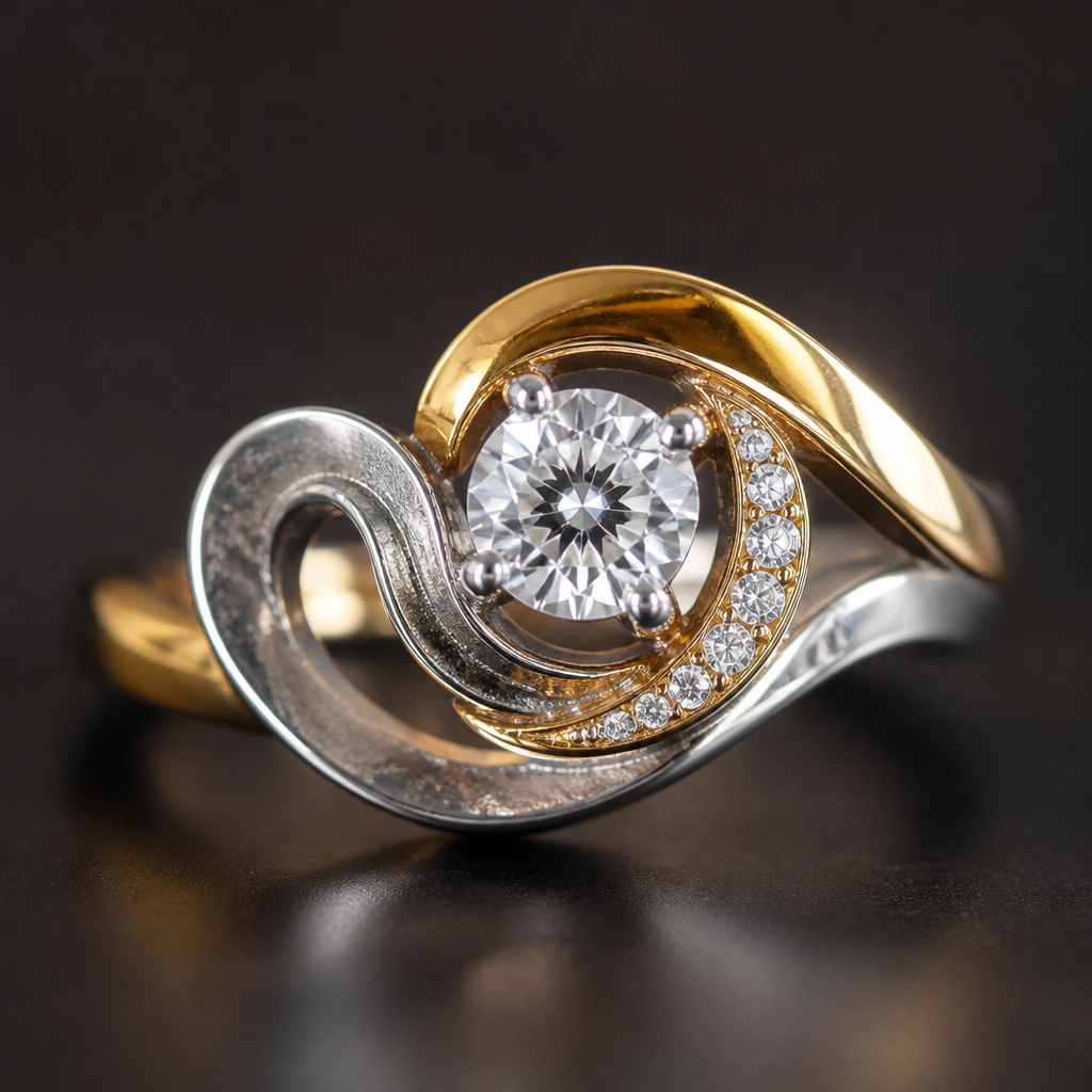 A abstract women's ring made of mixed metal with diamond stones suitable for festival. An extraordinary excellent beautiful delicate and elegant solitaire women ring. Face of the ring.
photorealistic jewelry design, A abstract women's ring made of mixed metal with diamond stones suitable for festival. An extraordinary excellent beautiful delicate and elegant solitaire women ring. Face of the ring., abstract style, just the design no text