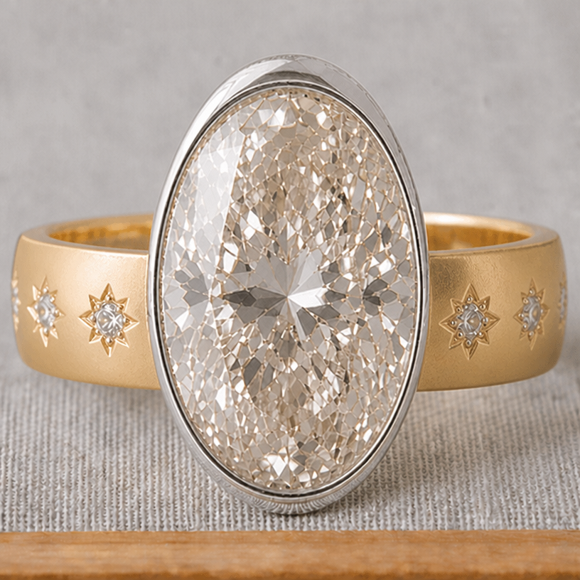 a bit wider band to balance out the stone
edit the attached jewelry design with these instructions: a bit wider band to balance out the stone. keep it photorealistic, just the design no text
