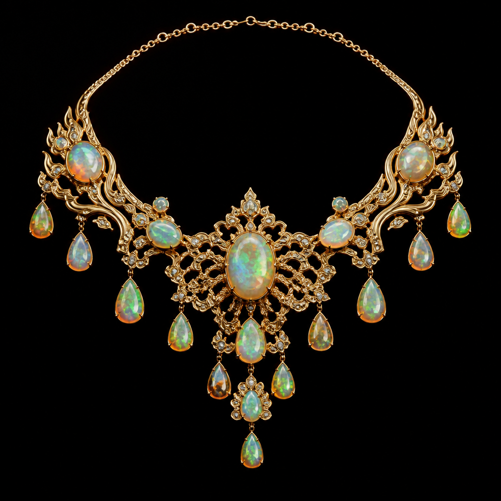 A women's ring with opal stones, highly ornate, intricate and elaborate, richly detailed. Un collier en opale de feu style asiatiques à es des détails symétrique
photorealistic jewelry design, A women's ring with opal stones, highly ornate, intricate and elaborate, richly detailed. Un collier en opale de feu style asiatiques à es des détails symétrique, modern style, just the design no text