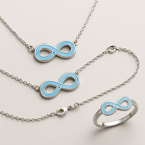 سيت غريب وحلو باللون الازرق الفاتح (اسوارة،عقد،خاتم) فضّة مدموج باللون الازرق علامة♾️