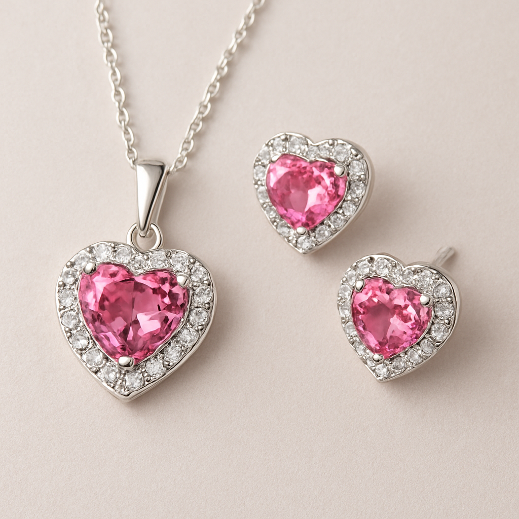 This elegant jewellery set features heart-shaped pink gemstones as the focal point, symbolizing romance and grace.
Delicate silver chains with small round white stones add sparkle and movement.
The matching necklace and earrings create a balanced, modern yet feminine look.
Perfect for romantic occasions, it embodies soft luxury and timeless charm.