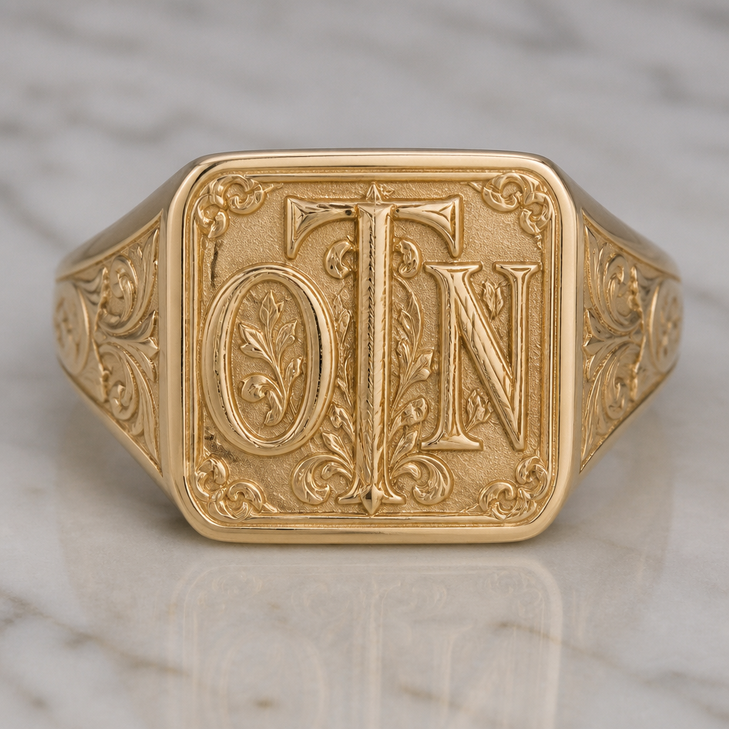 Rectangular design signet ring with initials O T N
photorealistic jewelry design, Rectangular design signet ring with initials O T N, heritage style, just the design no text