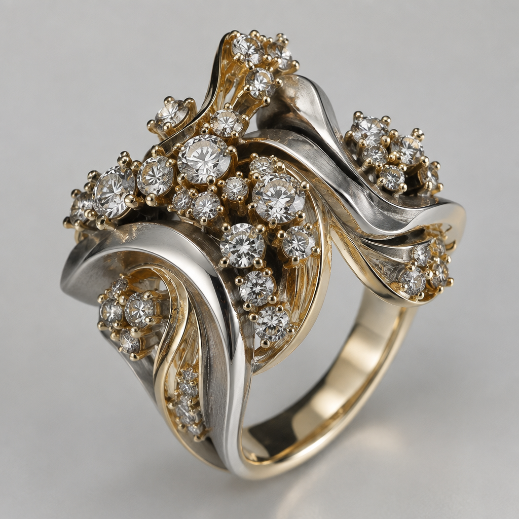 A avant-garde women's ring made of mixed metal with diamond stones. 34 cluster diamonds ranging in size, but no larger than .25 of a carat
photorealistic jewelry design, A avant-garde women's ring made of mixed metal with diamond stones. 34 cluster diamonds ranging in size, but no larger than .25 of a carat, avant_garde style, just the design no text