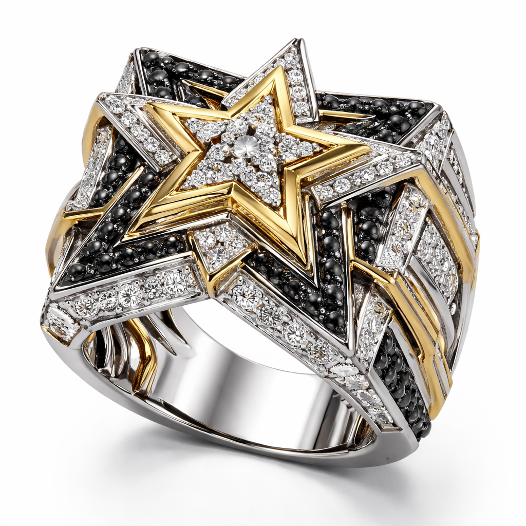 Bold and edgy star ring for men only Geomatric star ring of architecture shape and bold edgy style of white diamonds and black diamonds with white and yellow gold with white background
