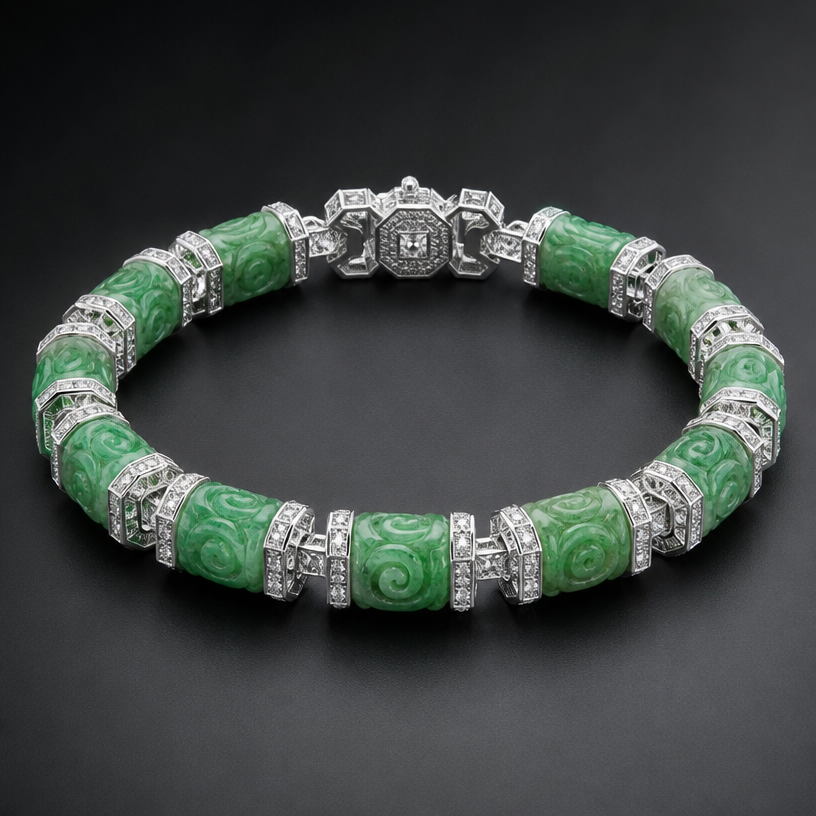 A geometric women's bracelet with diamond stones, highly ornate, intricate and elaborate, richly detailed. Create a 6-inch bracelet using the 12 beads shown in the attached picture. Each bead is 9.7 millimeters long.
using the attached image as a visual reference, create A geometric women's bracelet with diamond stones, highly ornate, intricate and elaborate, richly detailed. Create a 6-inch bracelet using the 12 beads shown in the attached picture. Each bead is 9.7 millimeters long.. photorealistic, just the design no text