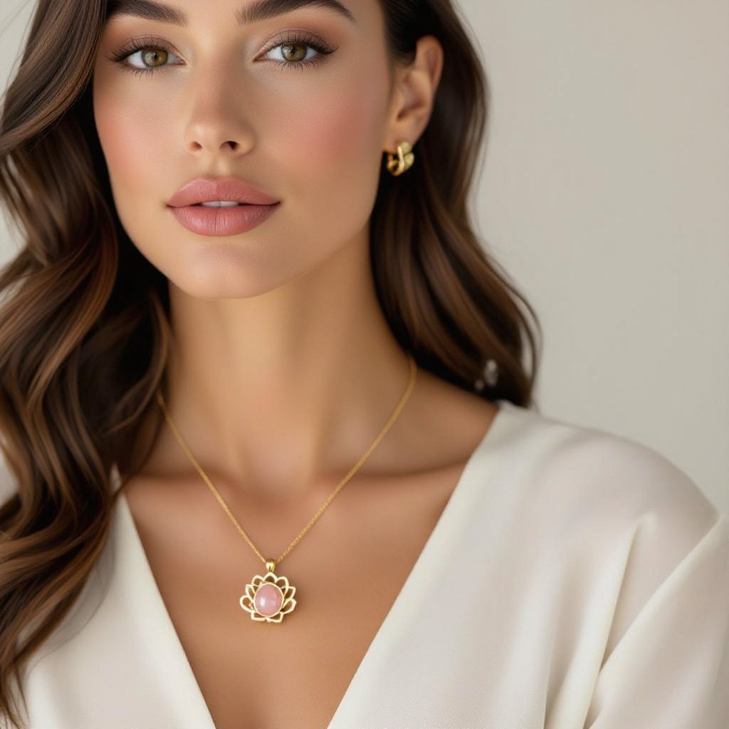 Золотая матовая цепочка. Подвеска матовая лотос шесть лепестков нижние лепестки крупнее верхних  не круглый . В сердце лотоса матовый розовый кварц овальный