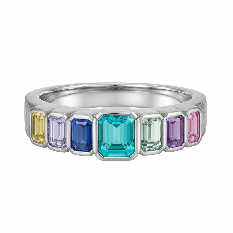 A minimalist women's ring made of silver suitable for wedding. different 6 colour gemstones with radiant cut (10x10mm) paraiba in middle. need to be men ring so slightly thicker widths. made handcrafted with silver clay
using the attached image as a visual reference, create A minimalist women's ring made of silver suitable for wedding. different 6 colour gemstones with radiant cut (10x10mm) paraiba in middle. need to be men ring so slightly thicker widths. made handcrafted with silver clay. photorealistic, just the design no text
