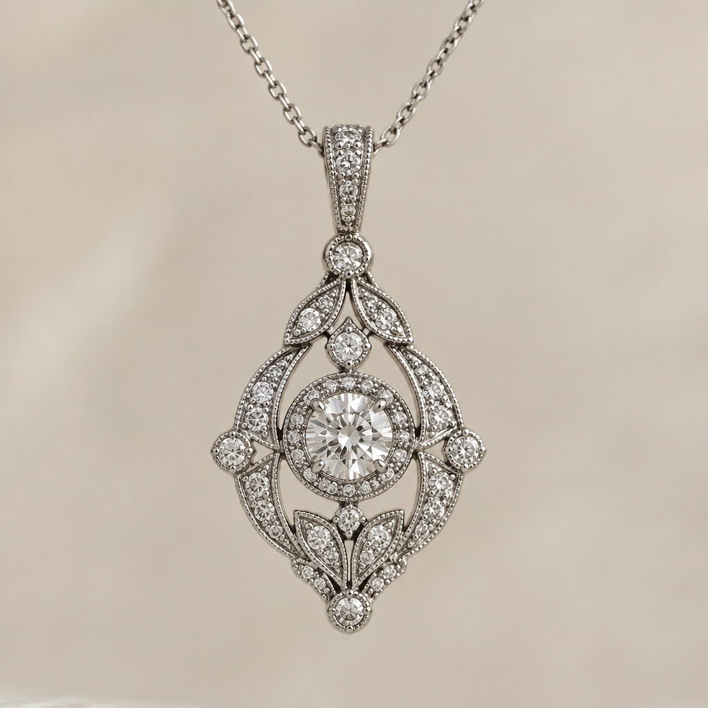 A vintage women's pendant made of white gold with diamond stones suitable for daily wear
photorealistic jewelry design, A vintage women's pendant made of white gold with diamond stones suitable for daily wear, vintage style, just the design no text