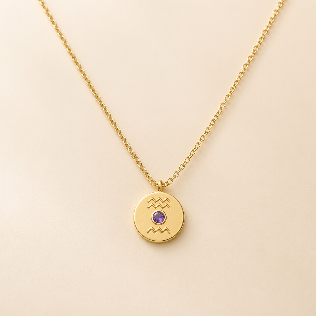 A minimalist women's necklace made of gold with amethyst stones suitable for daily wear. um colar com fio dourado, ouro, a joia em um circulo pequeno cheio , cravado em si o signo de aquário contendo no seu centro um estilhaço pequeno de amethyst. um fio elegante, discreto, com um toque de charme e delicado
photorealistic jewelry design, A minimalist women's necklace made of gold with amethyst stones suitable for daily wear. um colar com fio dourado, ouro, a joia em um circulo pequeno cheio , cravado em si o signo de aquário contendo no seu centro um estilhaço pequeno de amethyst. um fio elegante, discreto, com um toque de charme e delicado, minimalist style, just the design no text