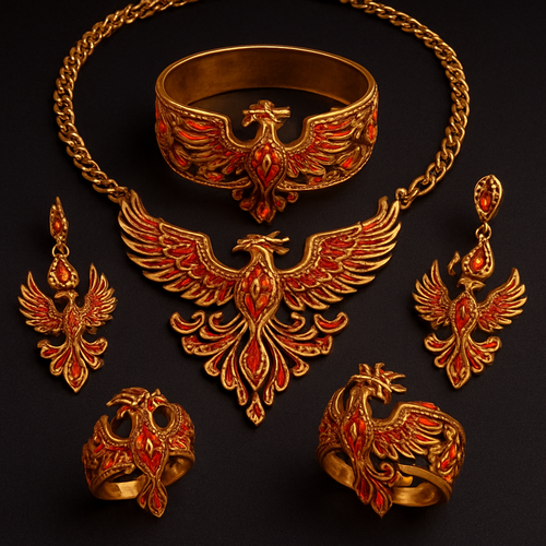 A full Ruby jewelry set including bracelet, earrings and rings with at least 10 citrine and topaz inlays with phoenix themes and an omega necklace
