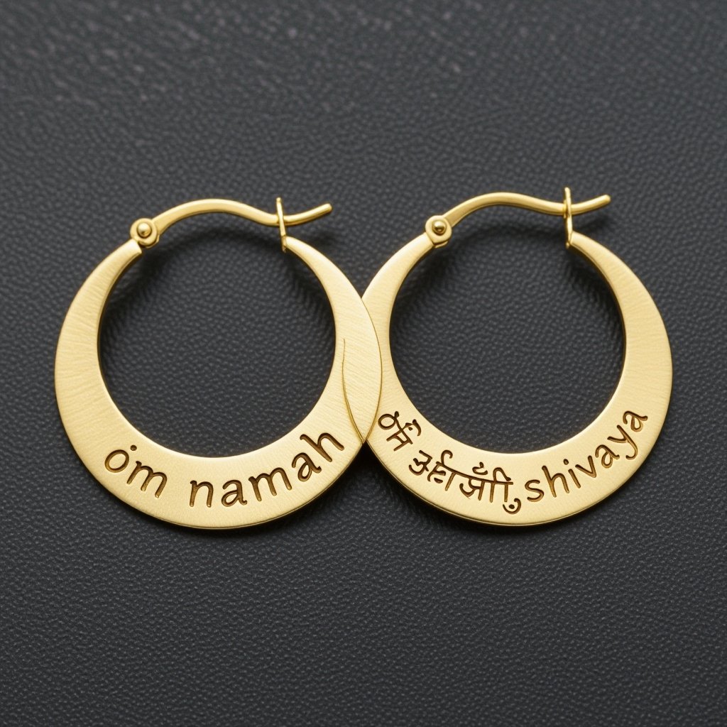 Золотые матовые серьги полукруг. На полукруге надпись изящным шрифтом om namah shivaya