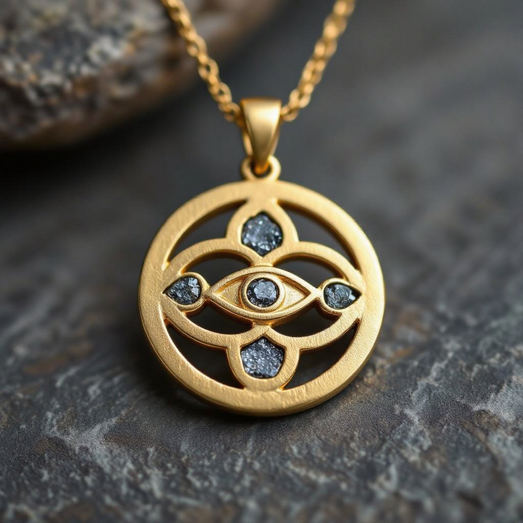 Подвеска из матового золота с узорами и мелкими необработанными матовыми камнями в форме двух пересекающихся окружностей и глаза между ними