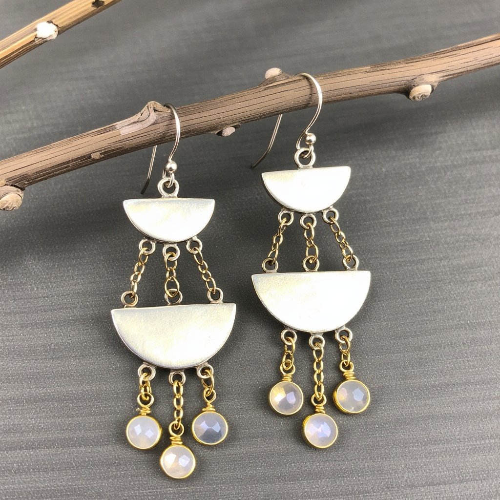 Серебряные серьги словно мятое серебро полумесяц вертикальный 2 см, сверху крепится к швензе. От полумесяца идет три цепочки золотого цвета, у каждой на конце мелкий камушек лунный камень