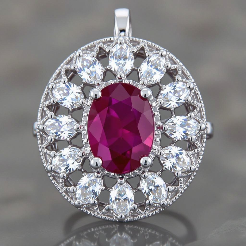 7x5mm oval pigeon blood ruby with 8 marquis cut diamonds each .08ct set in white gold pendant 