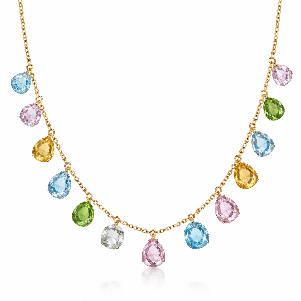 18 inch Gemstone necklace with gold chain that connects the stones. Colorful gemstones that are light blue, pink, yellow, clear, and green. May the gemstones be 6 mm and different shapes
18 inch Gemstone necklace with gold chain that connects the stones. Colorful gemstones that are light blue, pink, yellow, clear, and green. May the gemstones be 6 mm and different shapes , contemporary style