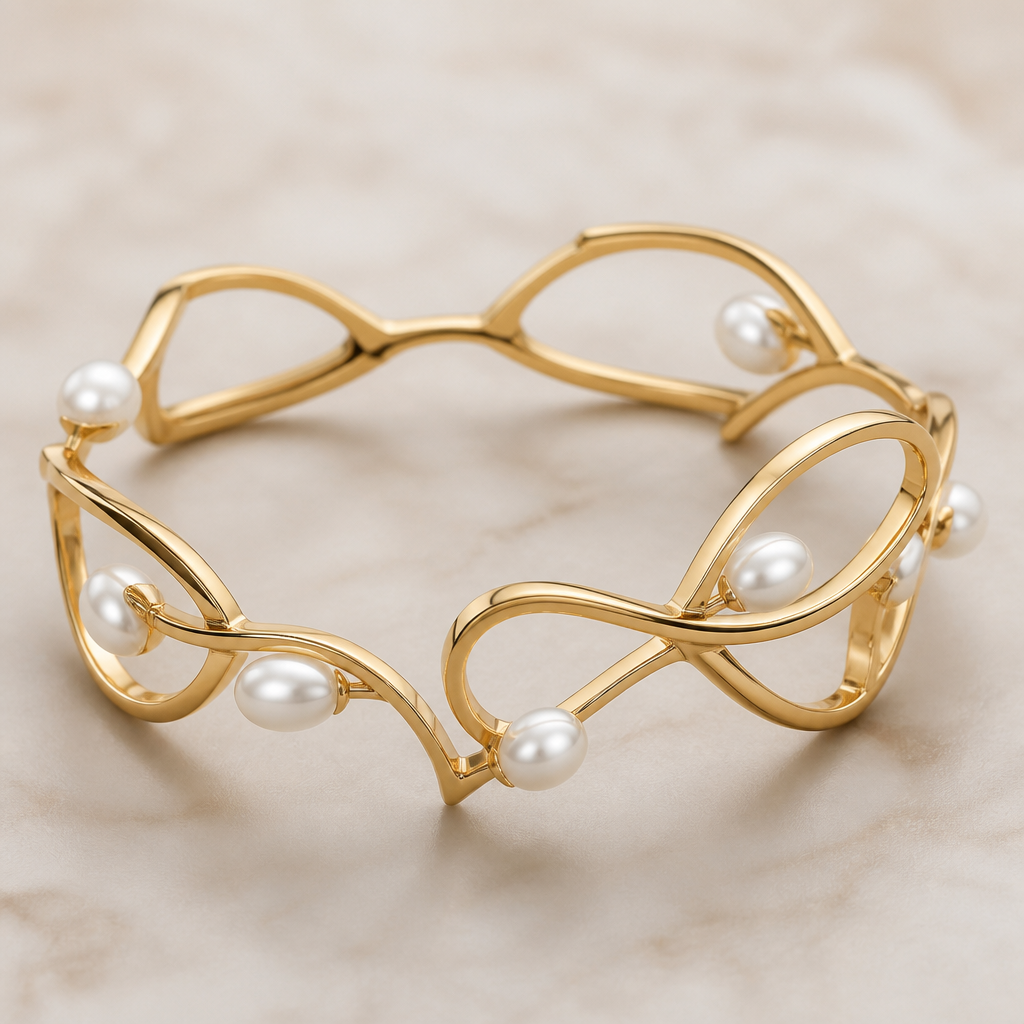 A abstract women's bracelet made of gold with pearl stones. perlas de 3x5 mm
photorealistic jewelry design, A abstract women's bracelet made of gold with pearl stones. perlas de 3x5 mm, abstract style, just the design no text