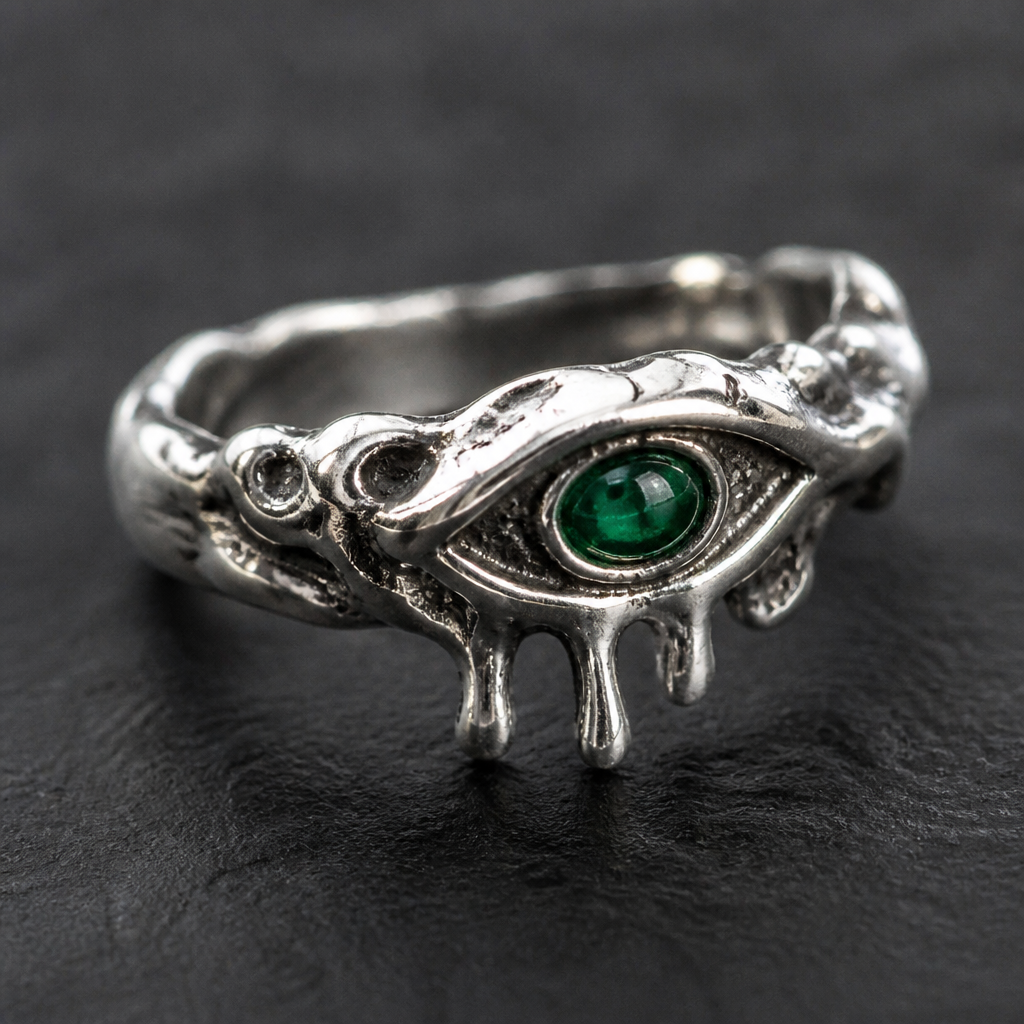 A rustic women's ring made of silver with emerald stones suitable for gift. Un ojo derretido
photorealistic jewelry design, A rustic women's ring made of silver with emerald stones suitable for gift. Un ojo derretido, rustic style, just the design no text