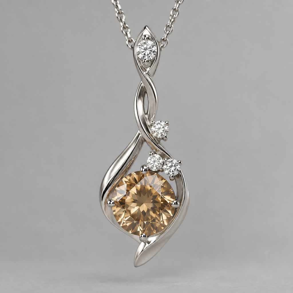 Make me a white gold unique pendant with a 1 carat champagne diamond and two accent white diamonds. I want where the pendant connect to chain to have a diamond too.
photorealistic jewelry design, Make me a white gold unique pendant with a 1 carat champagne diamond and two accent white diamonds. I want where the pendant connect to chain to have a diamond too., pendant style, just the design no text