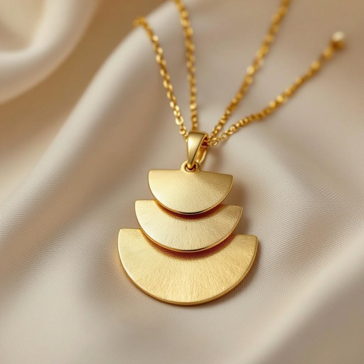 Подвеска из трех полукругов из матового неровного светлого золота соединенных цепочкой сверху самый широкий полукруг дальше средний и снизу самый маленький