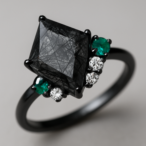 Kite cut Black rutilated quartz with emerald and moissanite accent stones in a cluster on a black band