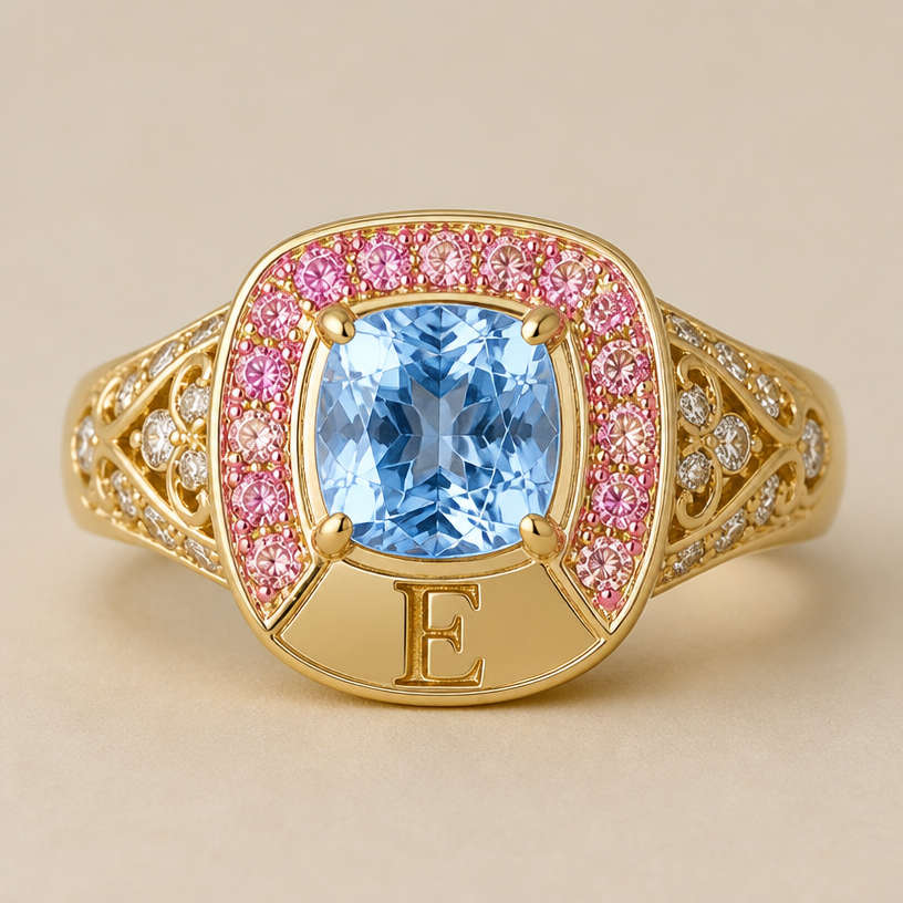 A women's ring, highly ornate, intricate and elaborate, richly detailed. anel de 15 anos nesse estilo pedra azul no meio e rosa em volta com a inicial E faz ao contrário
using the attached image as a visual reference, create A women's ring, highly ornate, intricate and elaborate, richly detailed. anel de 15 anos nesse estilo pedra azul no meio e rosa em volta com a inicial E faz ao contrário. photorealistic, just the design no text