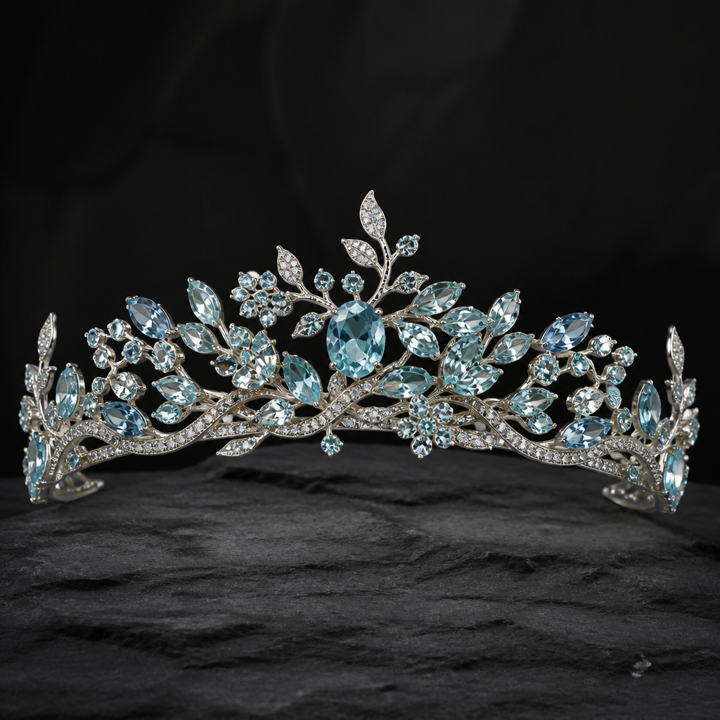 A nature women's tiara with diamond and topaz and aquamarine stones suitable for festival
photorealistic jewelry design, A nature women's tiara with diamond and topaz and aquamarine stones suitable for festival, nature_inspired style, just the design no text