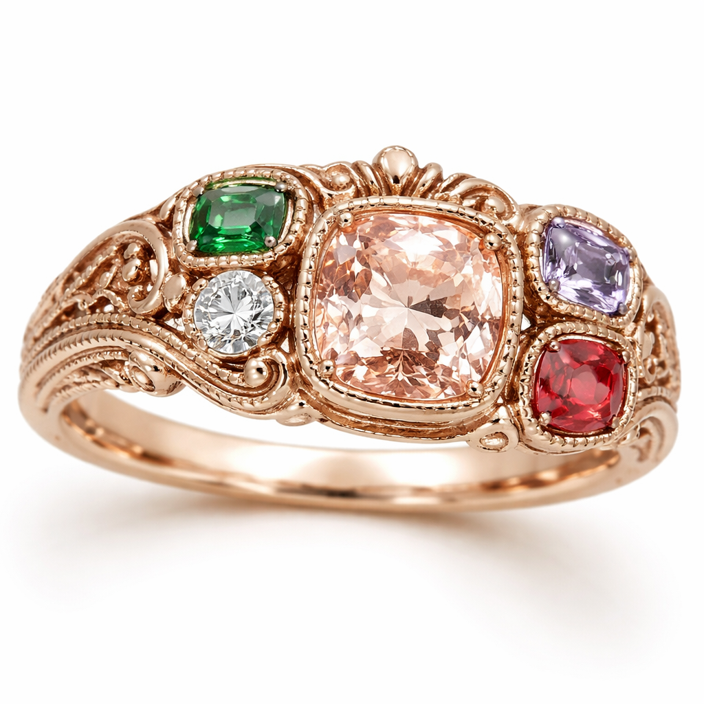 Crée moi une bague avec une morganite coussin une tsavorite taille émeraude un diamant rond un Spinel Lila taille émeraude et un Spinel rouge coussin les pierre font moins d’un demi carat sauf la morganite les pierres sont intégrés dans le corp de bague en sertie masse